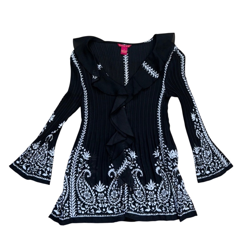 Vintage Y2K Black White Paisley Pleated Ruffle Bell Sleeve Top M indie